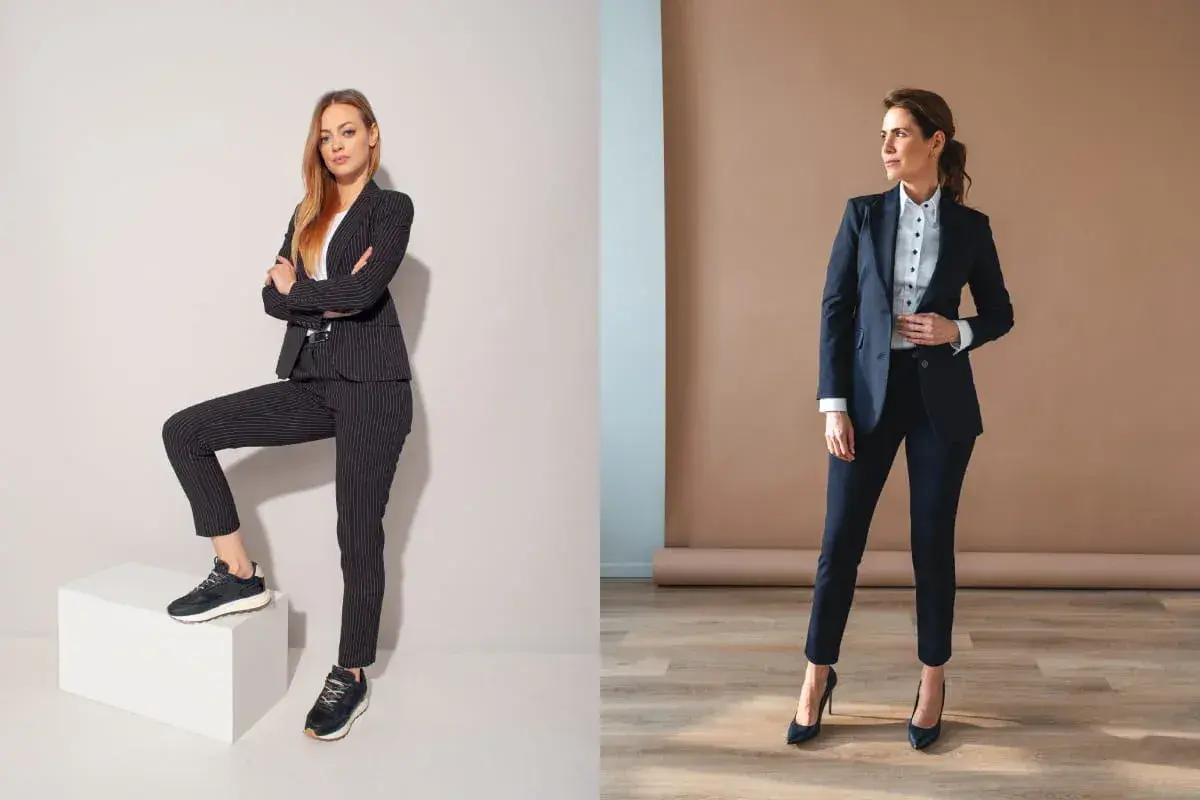 Dwie kobiety w czarnych garniturach. Jedna w sportowych butach, druga w eleganckich szpilkach. Jakie buty do czarnego garnituru?