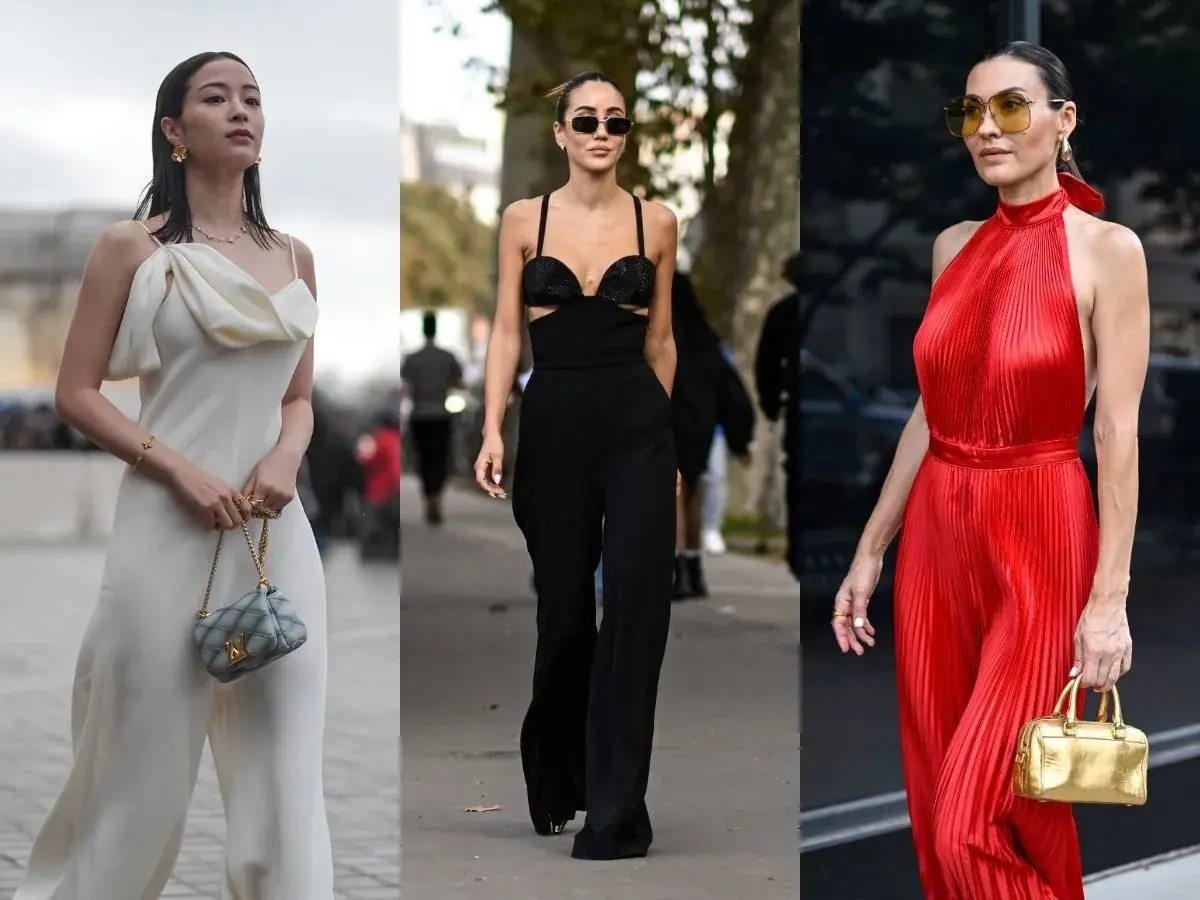 Trzy kobiety w eleganckich kombinezonach: białym, czarnym i czerwonym, z modnymi dodatkami.