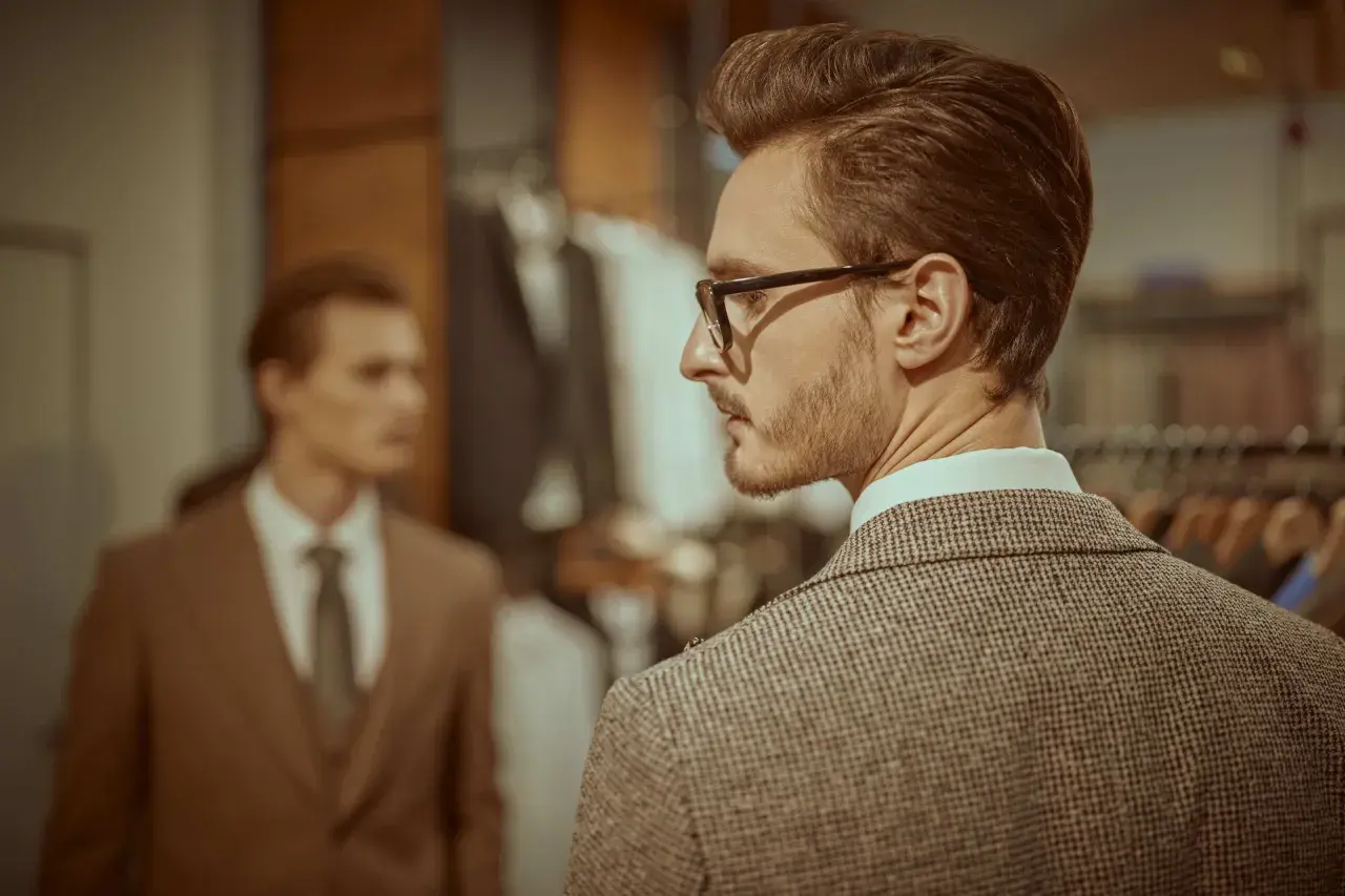Elegancki mężczyzna w brązowej marynarce w kratę, w tle inny mężczyzna w garniturze. Stylowe brązowa marynarka stylizacje.