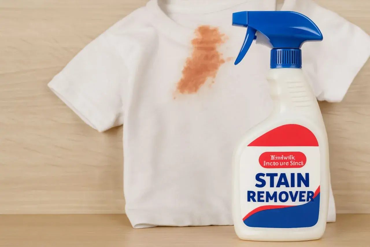 Biała koszulka z brązową plamą obok butelki z napisem "STAIN REMOVER". To najlepszy odplamiacz, który uratuje ubranie.