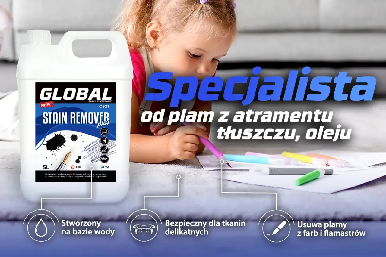 Specjalista od plam z atramentu, tłuszczu i oleju. Produkt Global Stain Remover Plus usuwa nawet trudne zabrudzenia.