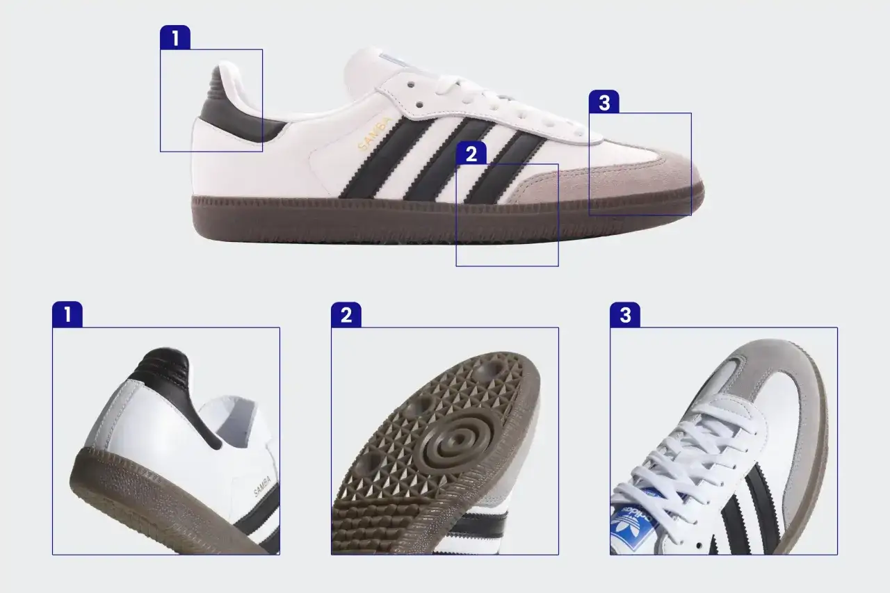 Szczegóły butów Adidas Samba: zapiętek, podeszwa i logo. Dowiedz się, jak sprawdzić, czy buty są oryginalne, zwracając uwagę na detale.