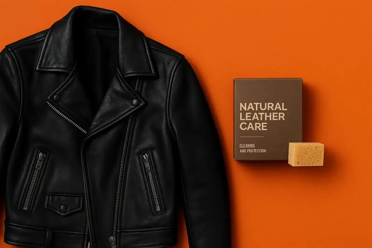 Czarna kurtka skórzana, pudełko z napisem "Natural Leather Care" i gąbka.