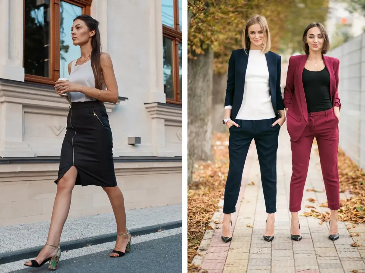 Dwie kobiety w eleganckich stylizacjach biznesowych, jedna w spódnicy, druga w spodniach.